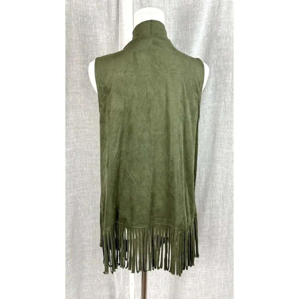 Open Front Ultra Suede Vest Tassels Size S/M Festival Boho Olive Green‎ Vegan